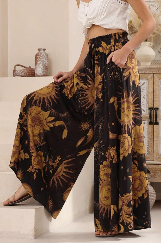 Charli Pants - Paper Bag High Waisted Wide Leg Pants In Goldie Print