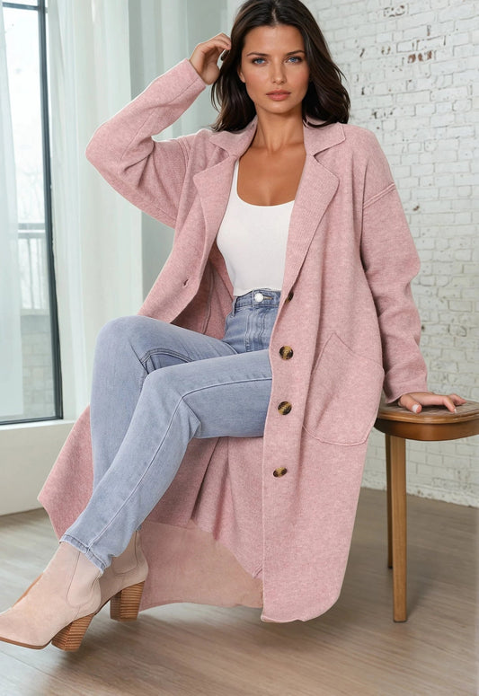 Davie Cardigan - Collared Button Down Coatigan In Pink