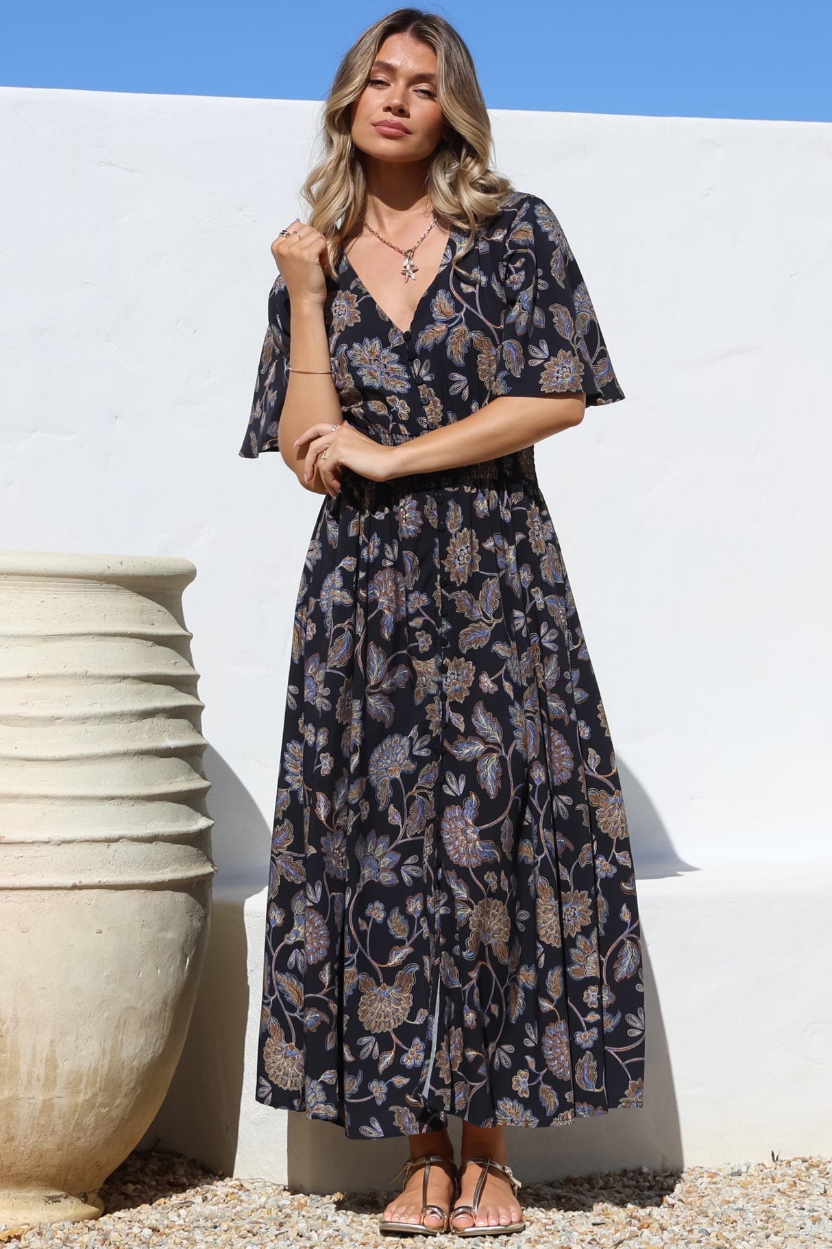 Dulcie Maxi Dress - Cape Sleeve Button-Down Maxi With Pockets In Enchanted Ink Print