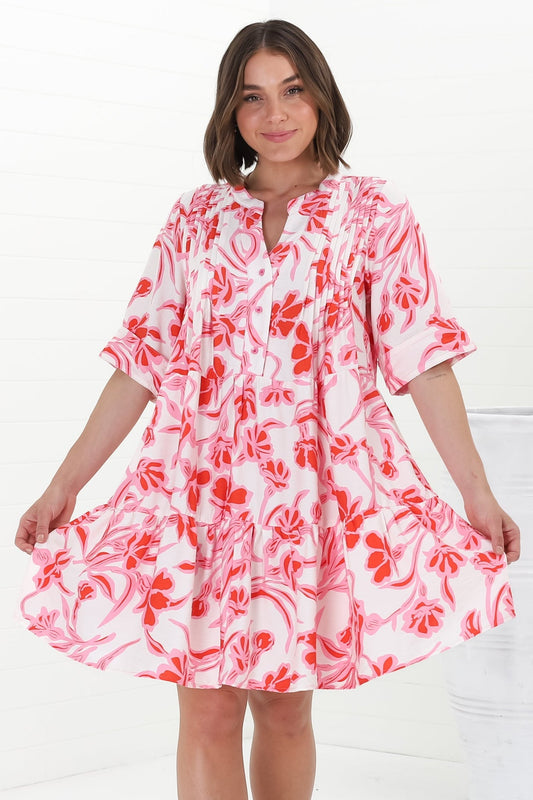 Evie Mini Dress - 3/4 Sleeve Tiered Smock Dress In Braley Print Pink