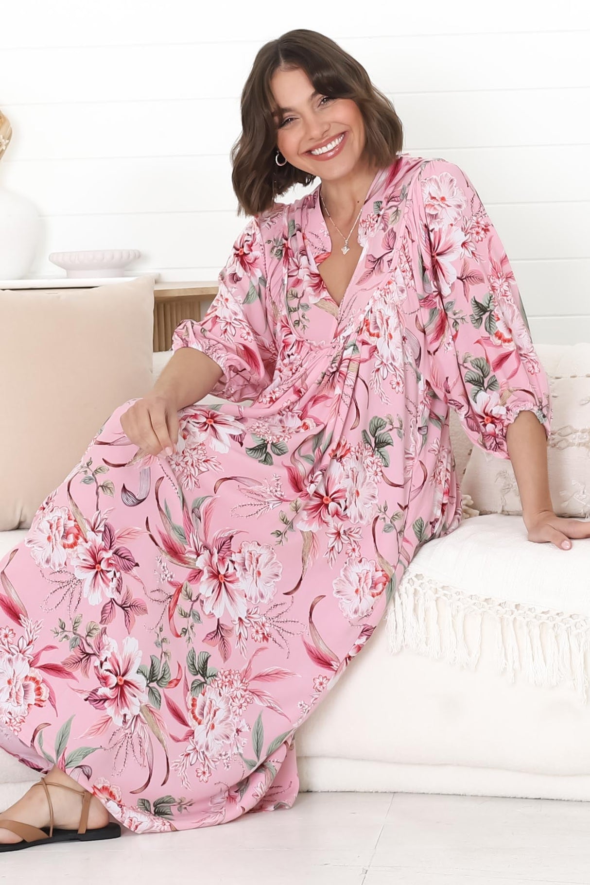 Jaase - Boheme Midi Dress: Piping Defined Bust Slimline Smock Dress In Pink Lotus