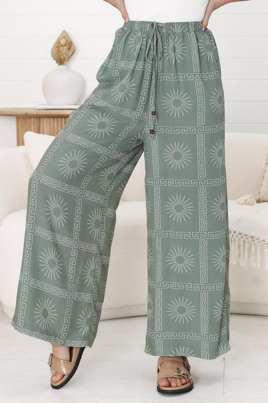 Mahina Pants - High Waisted Straight Leg Pants Astra Print In Green