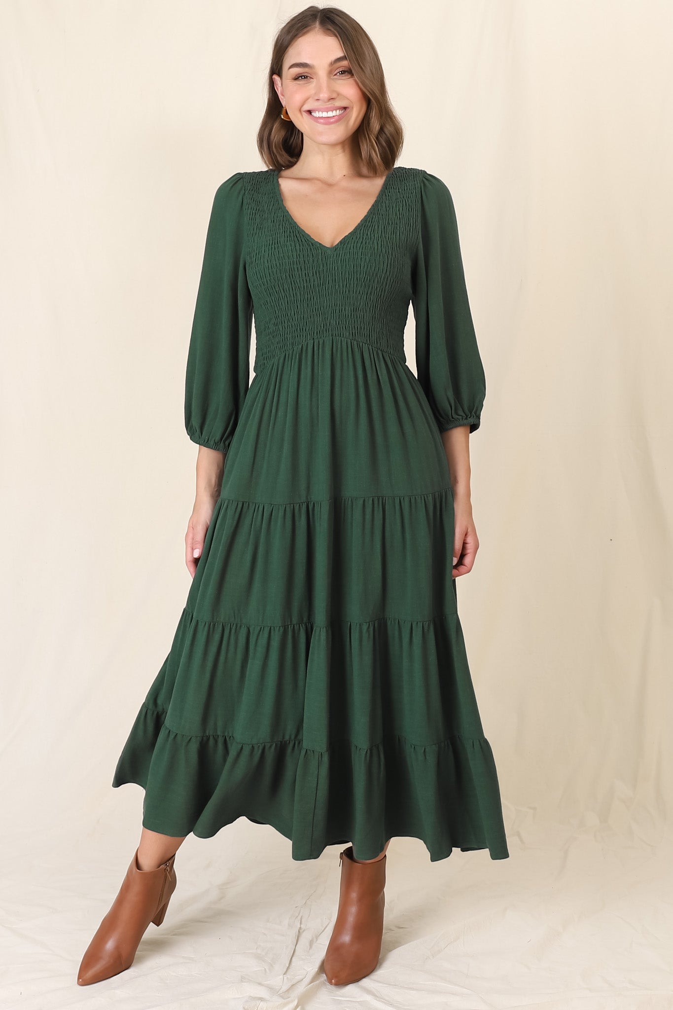 Lellah Midi Dress - Shirred Bodice Soft V Neck Tie
