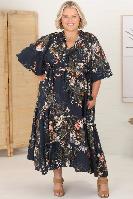 Jaase - Briana Midi Dress: Frill Collar Oversized Buttoned Dress With Waist Tie And Frill Splicing In Indigo Print