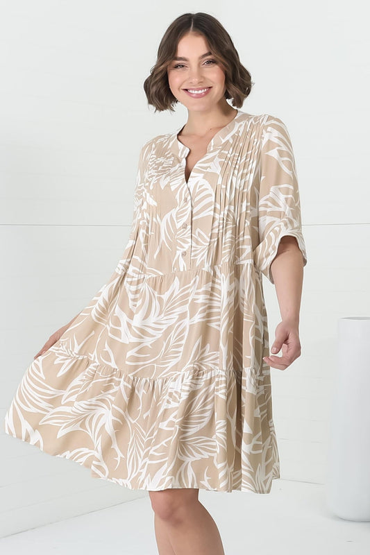 Evie Mini Dress - 3/4 Sleeve Tiered Smock Dress In Jeani Print Beige