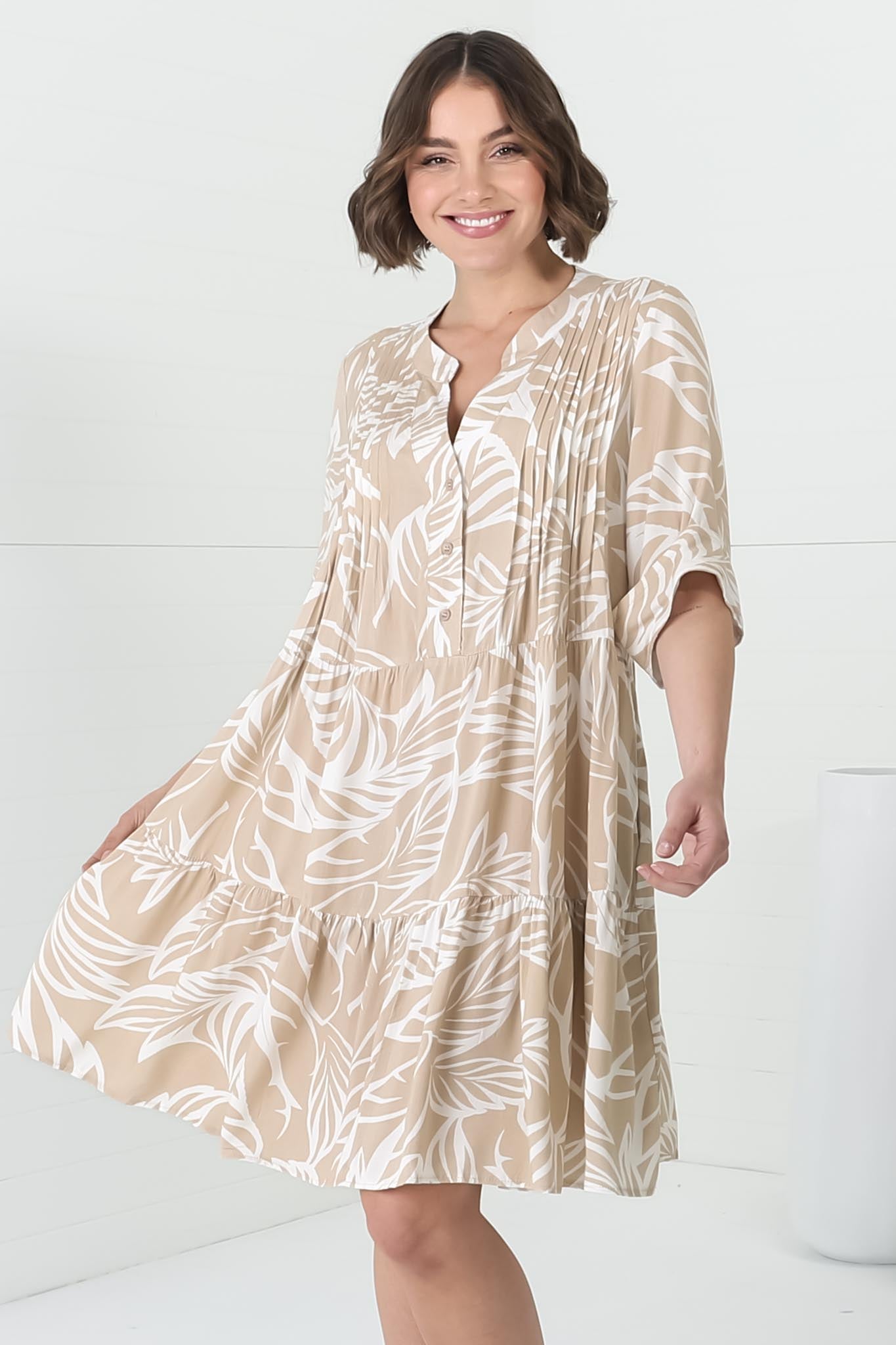 Evie Mini Dress - 3/4 Sleeve Tiered Smock Dress in