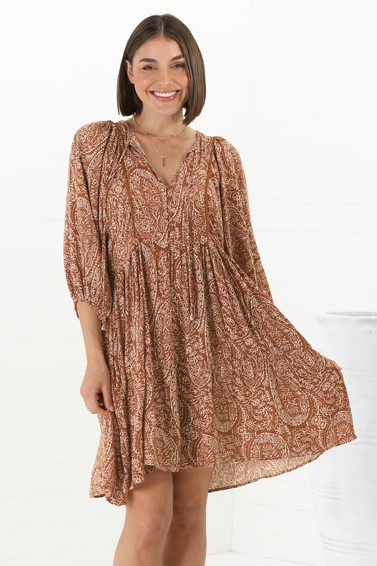 Juddy Mini Dress - Batwing Sleeve Smock Dress With Lace Detailing In Khalid Print Rust