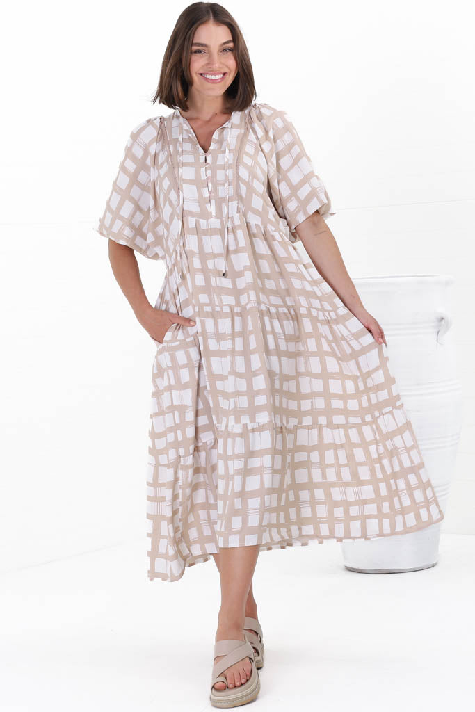 Kamali Midi Dress - Batwing Sleeve Smock Dress With Lace Detailing In Beth Print Beige