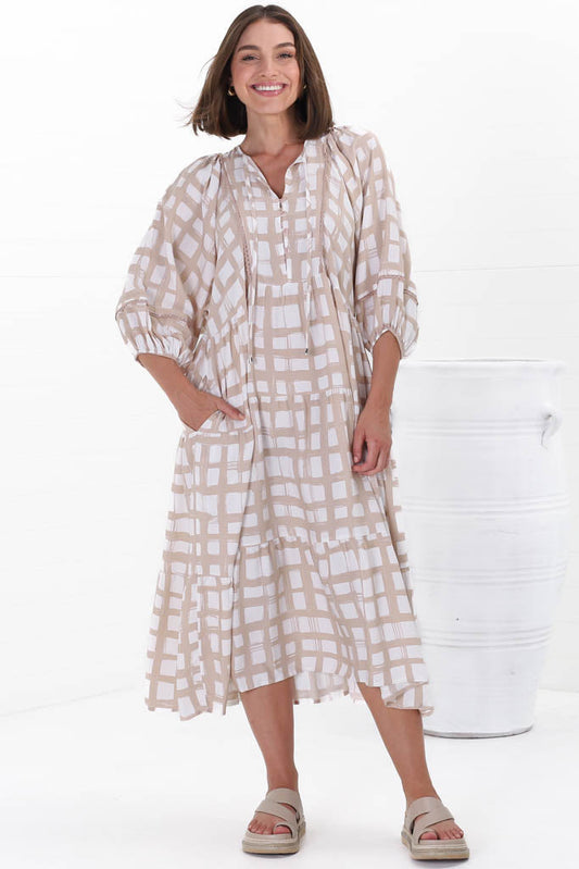 Kamali Midi Dress - Batwing Sleeve Smock Dress With Lace Detailing In Beth Print Beige