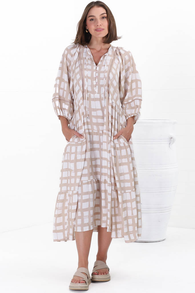 Kamali Midi Dress - Batwing Sleeve Smock Dress With Lace Detailing In Beth Print Beige