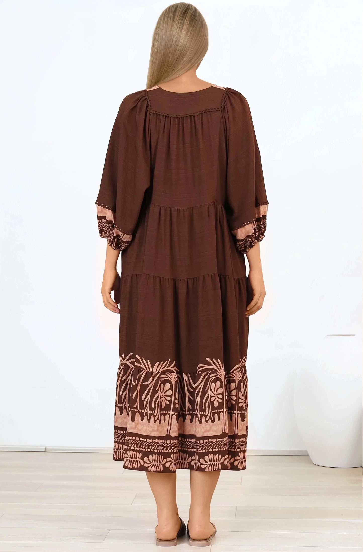 Kamali Midi Dress - Batwing Sleeve Smock Dress with Lace Detailing in Luma Print Brown