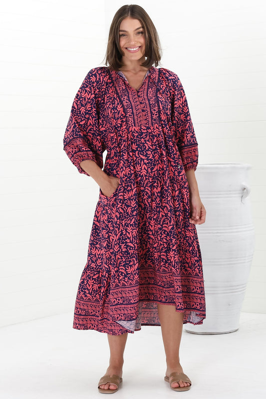 Kamali Midi Dress - Batwing Sleeve Smock Dress With Lace Detailing In Tayler Print Pink
