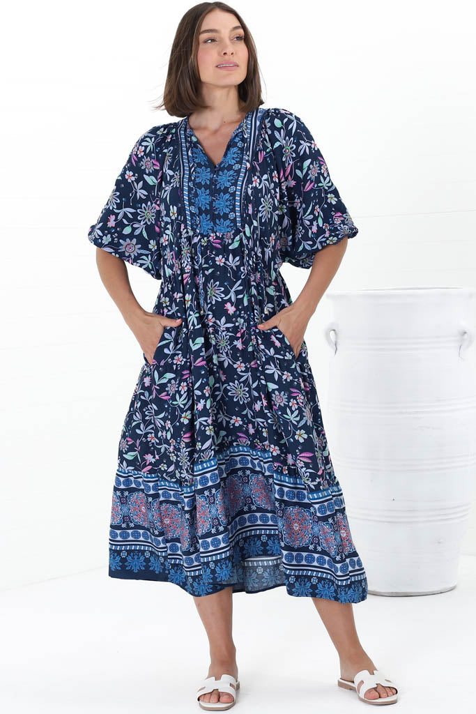 Kamali Midi Dress - Batwing Sleeve Smock Dress With Lace Detailing In Thanya Print Blue