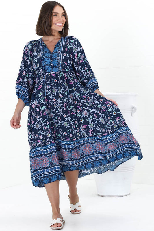 Kamali Midi Dress - Batwing Sleeve Smock Dress With Lace Detailing In Thanya Print Blue