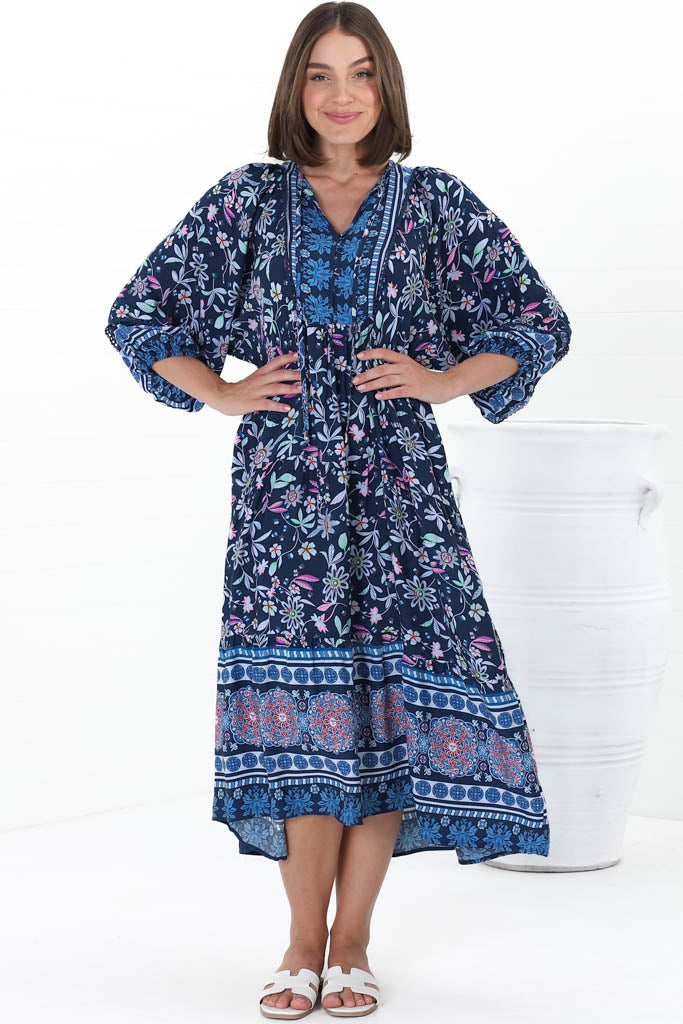 Kamali Midi Dress - Batwing Sleeve Smock Dress With Lace Detailing In Thanya Print Blue