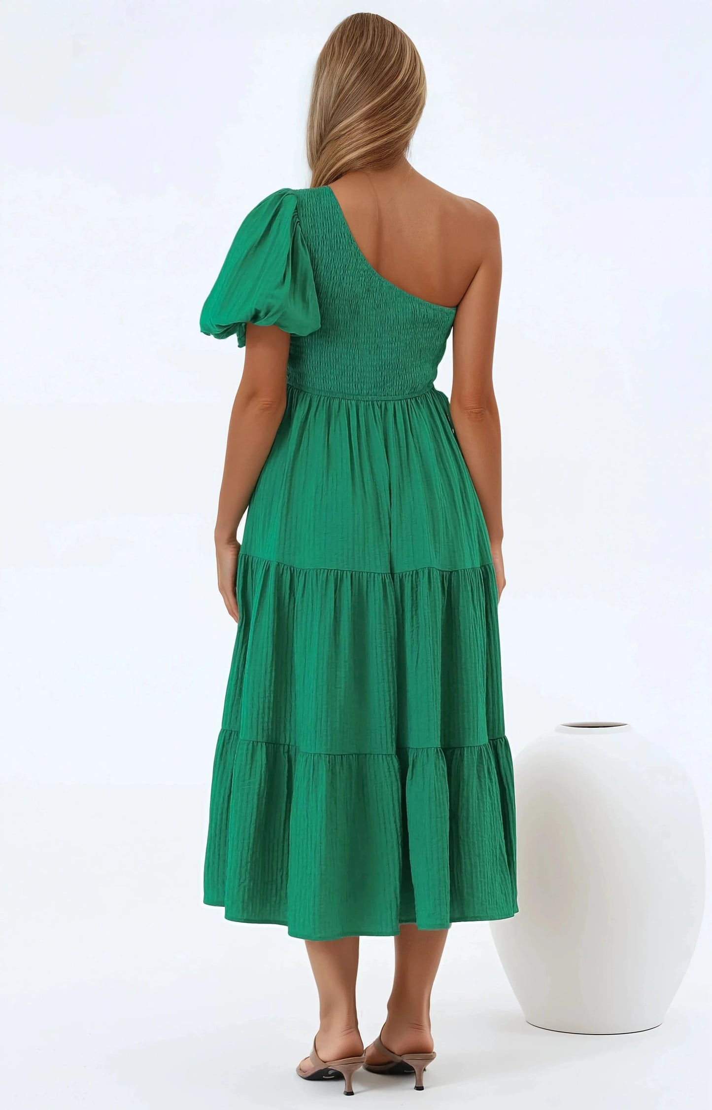 Karoline Midi Dress - One Shoulder Puffy Sleeve Tiered Dress in Green