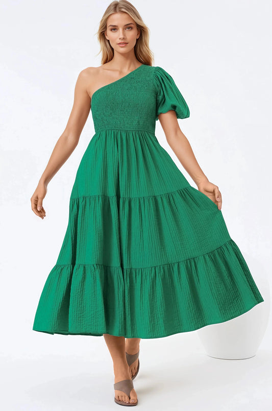 Karoline Midi Dress - One Shoulder Puffy Sleeve Ti