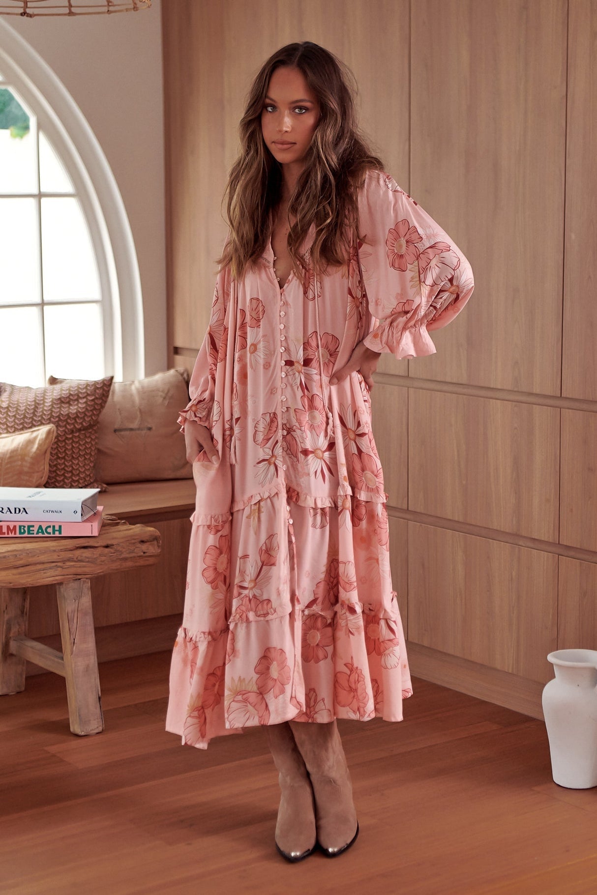 Jaase - Briana Midi Dress: Pink Floral Oversized Buttoned Dress With Waist Tie And Frill Splicing In Beliss Print