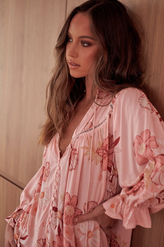 Jaase - Briana Midi Dress: Pink Floral Oversized Buttoned Dress With Waist Tie And Frill Splicing In Beliss Print