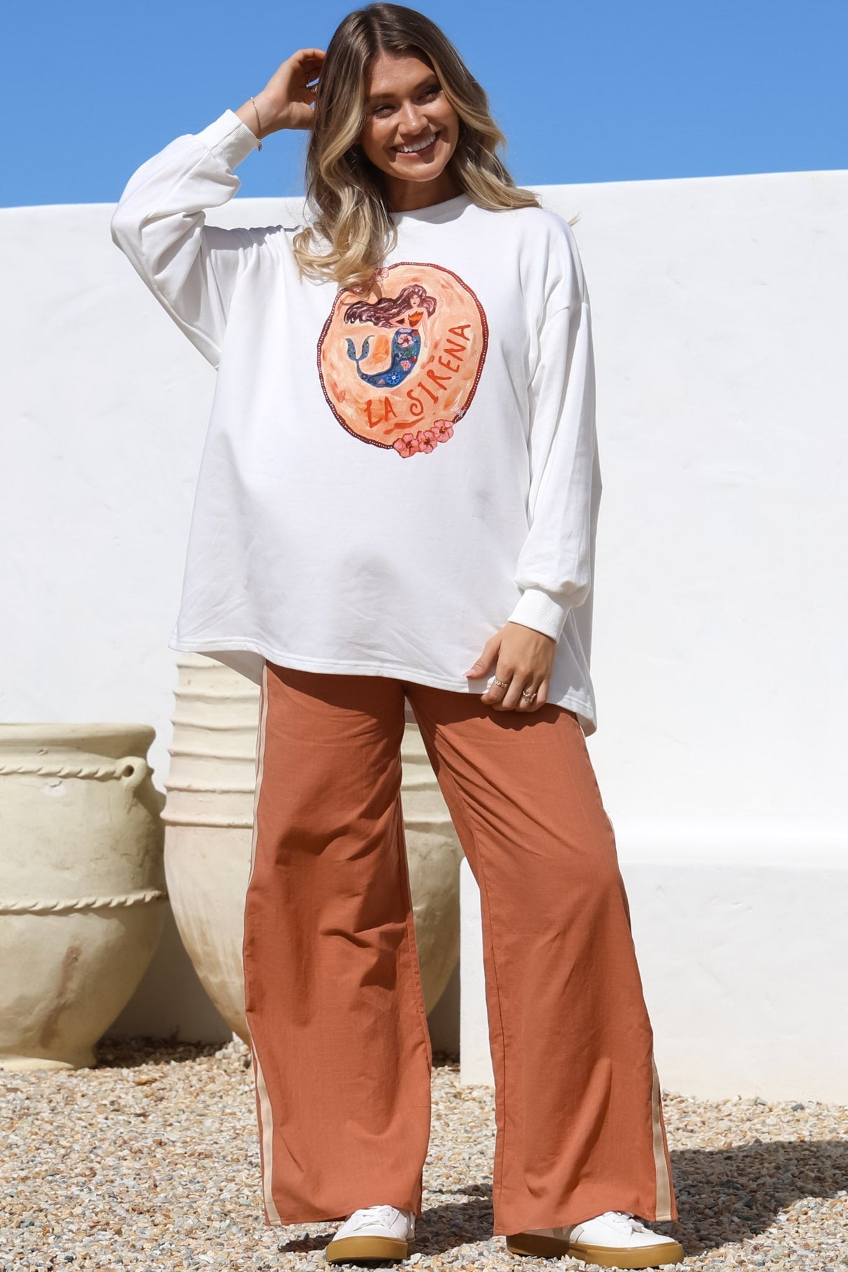 La Sirena Set - Graphic Long Sleeve Top And Pants With Stripe Accent In Orange