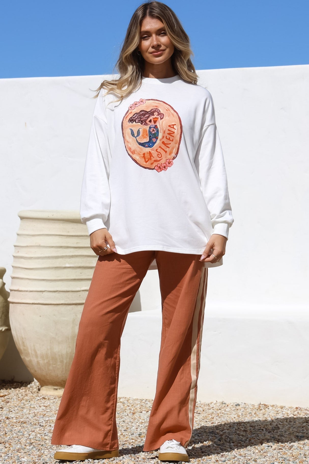 La Sirena Set - Graphic Long Sleeve Top And Pants With Stripe Accent In Orange