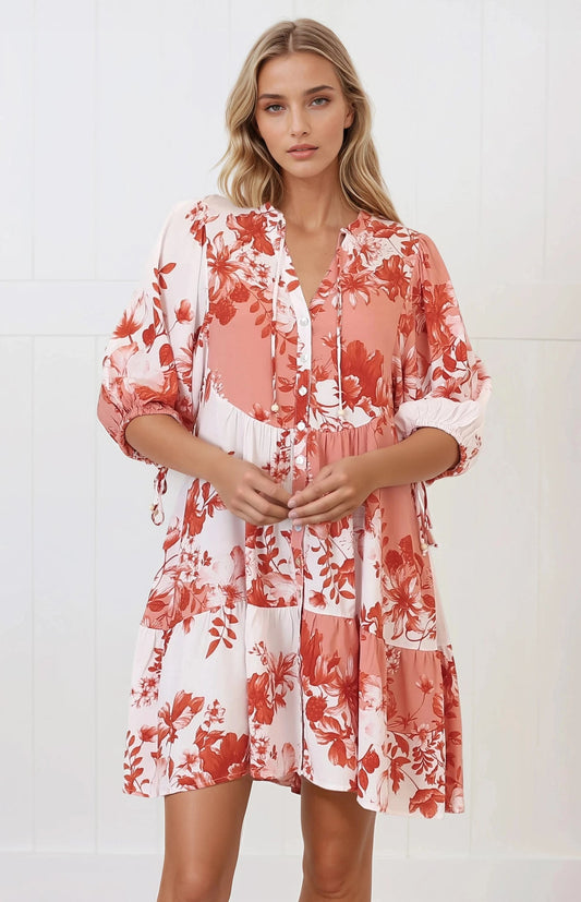 Lea Mini Dress - 3/4 Sleeve Babydolll Dress In Eryn Print