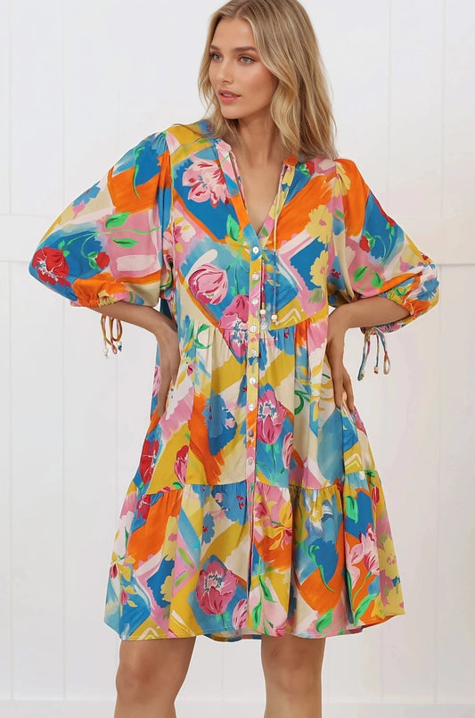 Lea Mini Dress - 3/4 Sleeve Babydolll Dress In Seraphina Print