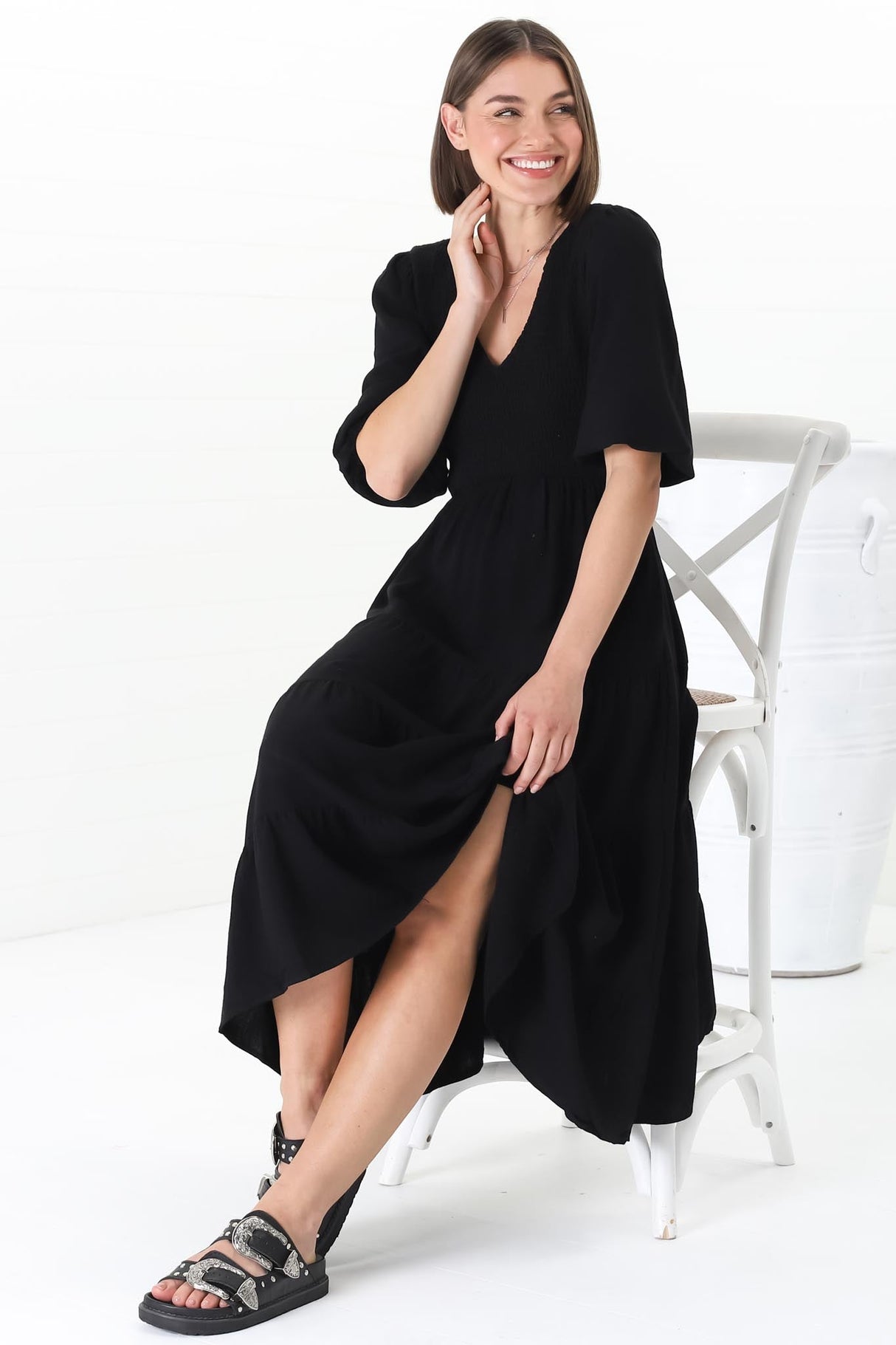 Lellah Midi Dress - Shirred Bodice Soft V Neck Tiered Dress In Black