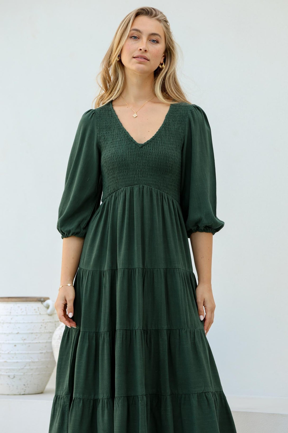Lellah Midi Dress - Shirred Bodice Soft V Neck Tiered Dress In Green