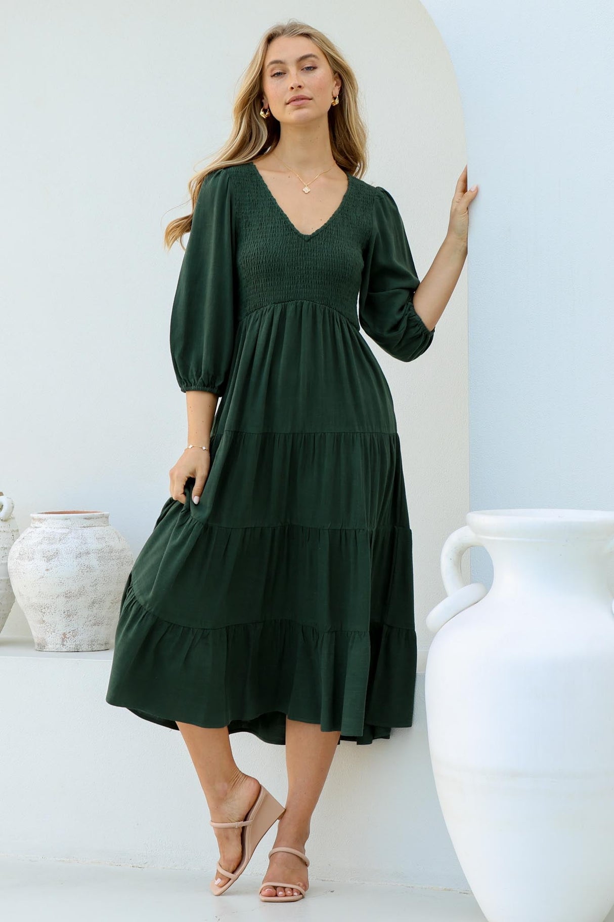 Lellah Midi Dress - Shirred Bodice Soft V Neck Tiered Dress In Green