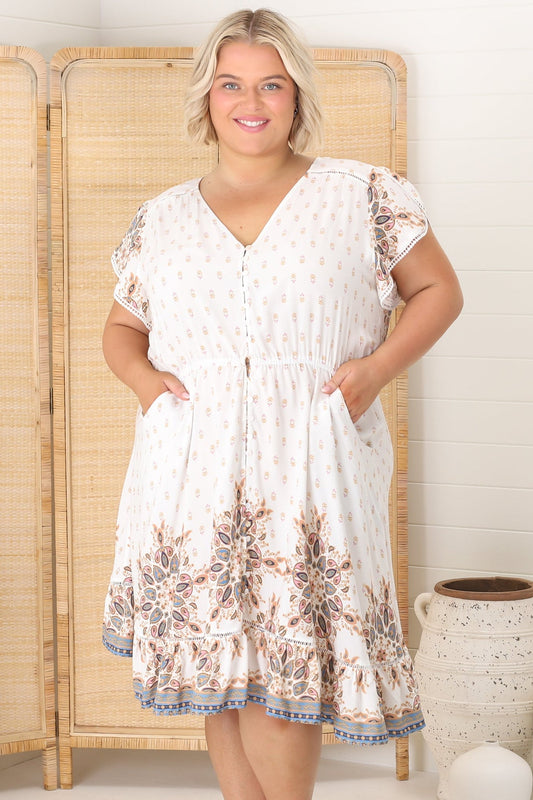 Jaase - Lizzie Mini Dress: Butterfly Cap Sleeve Button Down Dress With Pockets In Gemstone Print