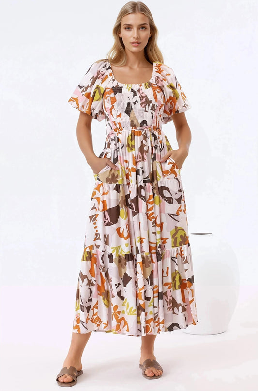 Lolitta Midi Dress - On Or Off Shoulder Elasticated Bodice Dress In Irisa Print