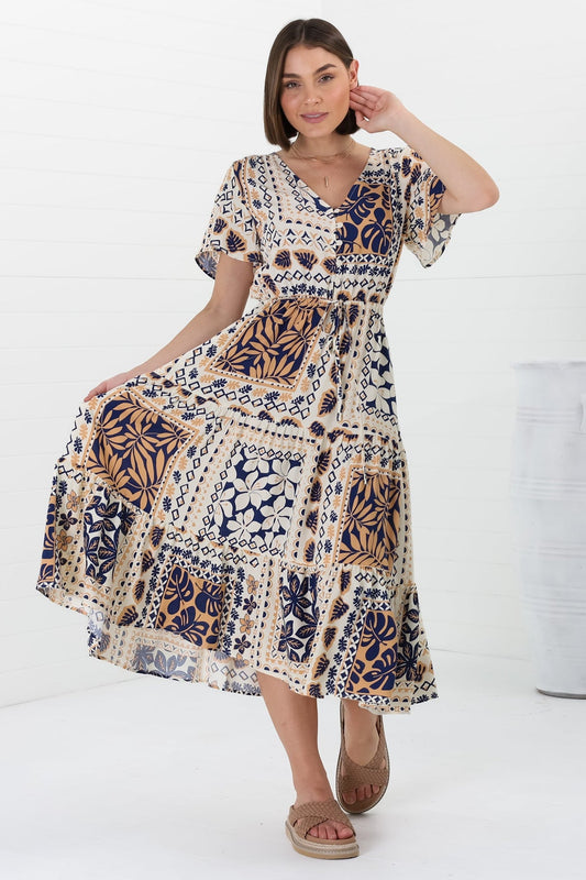 Marly Midi Dress - A Line Dress With Cap Sleeves And Rick Rack Splicing Alphy Print