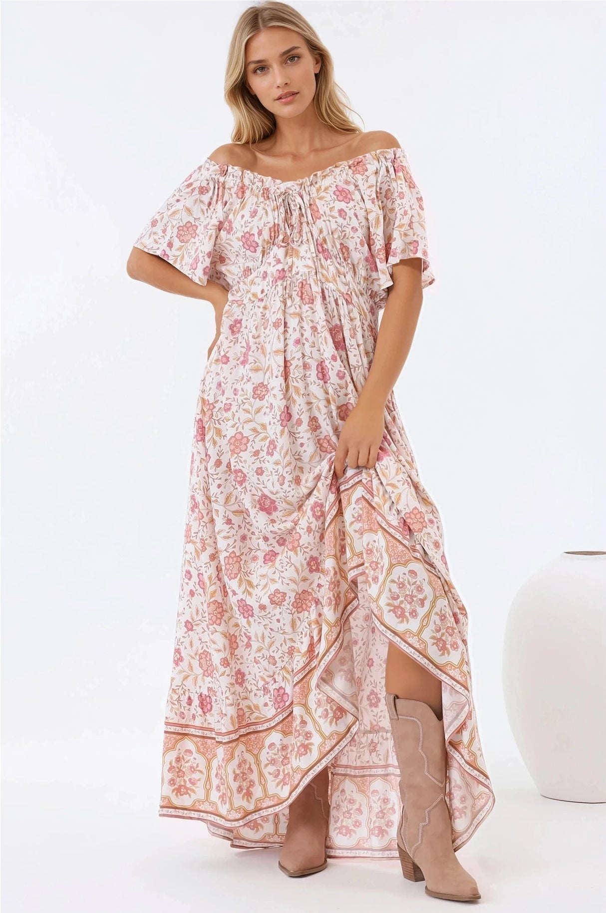 Micalea Midi Dress - On Or Off Shoulder Tie Back A Line Dress In Stacey Print