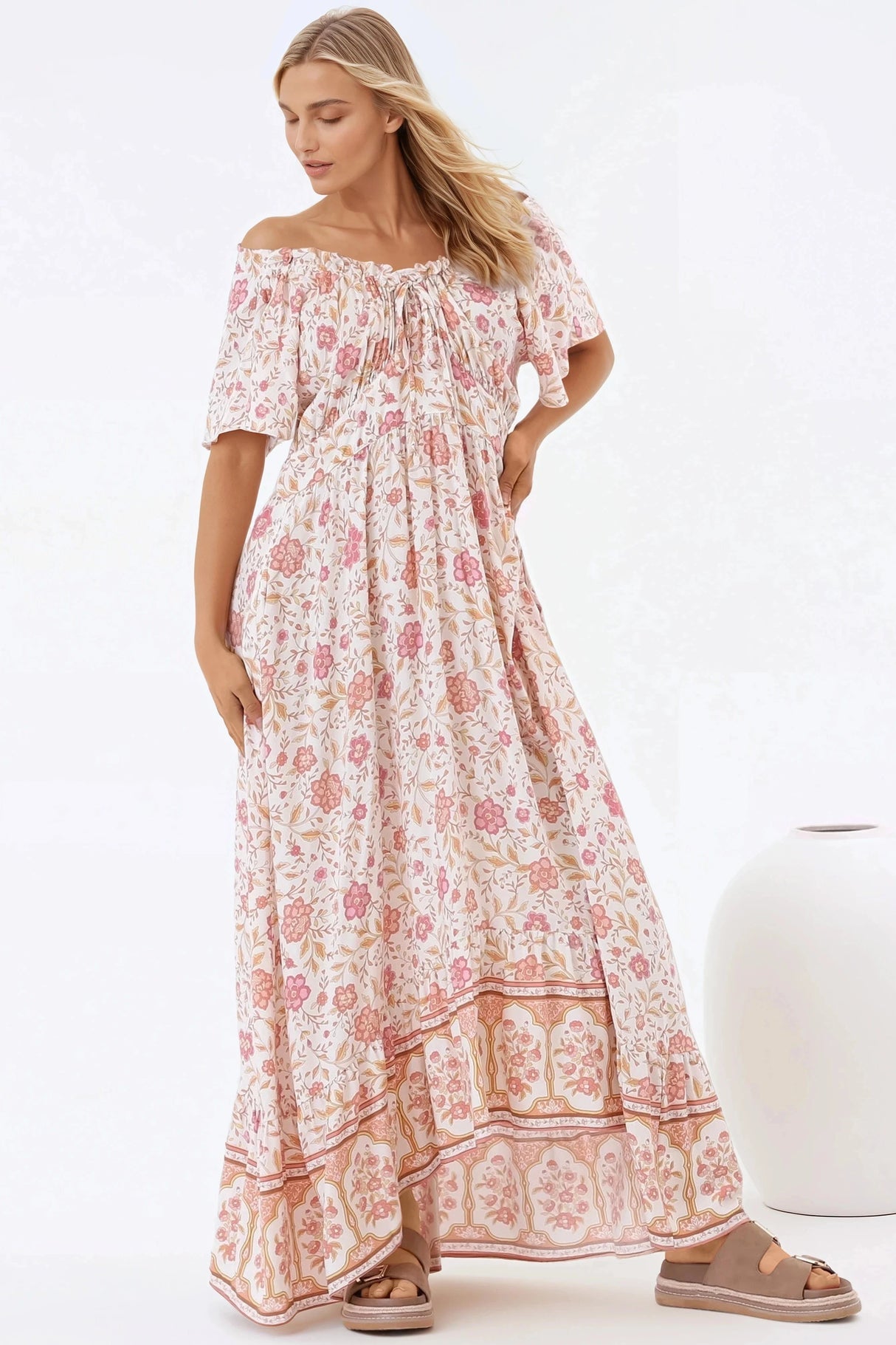 Micalea Midi Dress - On Or Off Shoulder Tie Back A Line Dress In Stacey Print