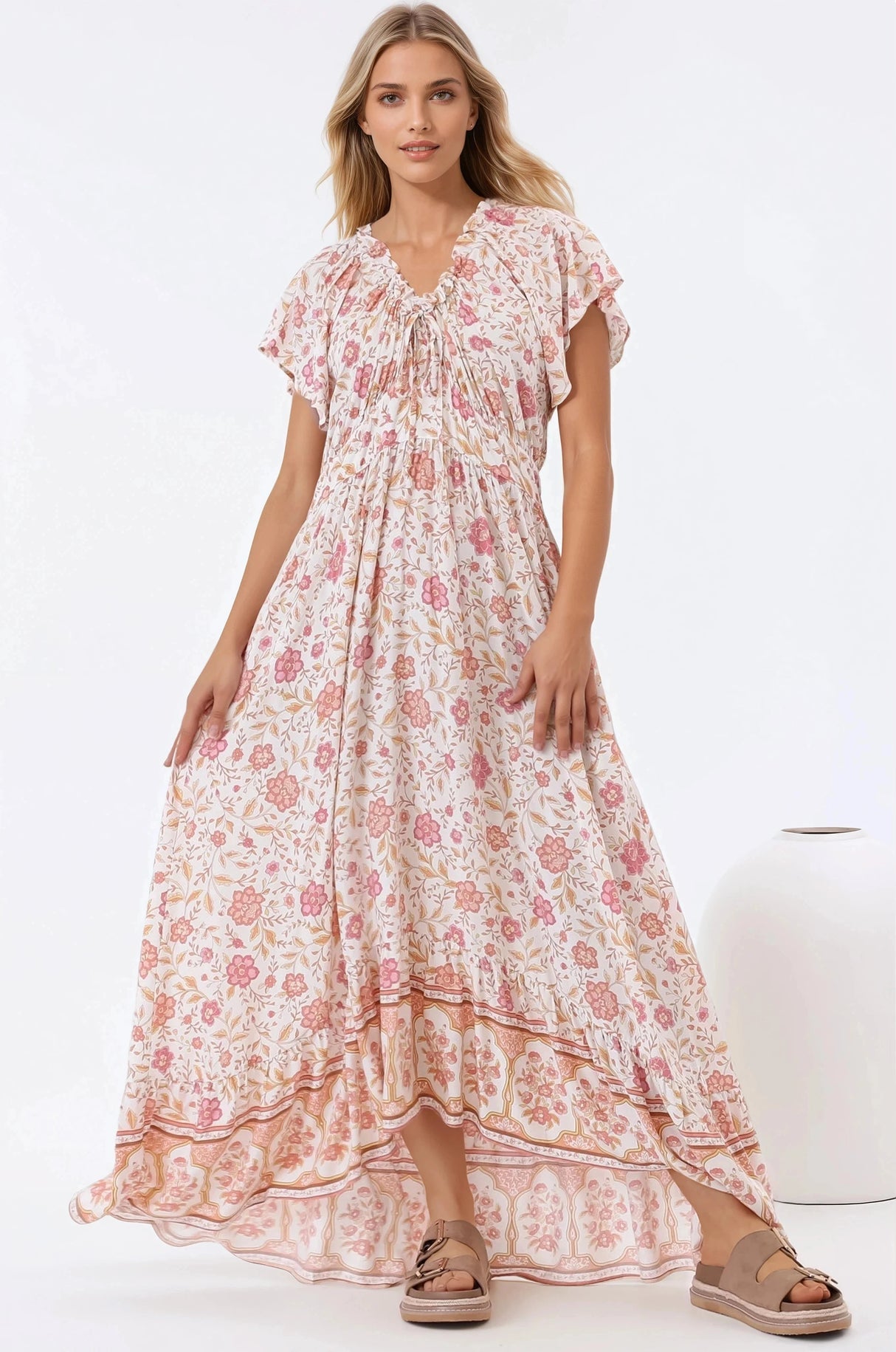 Micalea Midi Dress - On Or Off Shoulder Tie Back A Line Dress In Stacey Print