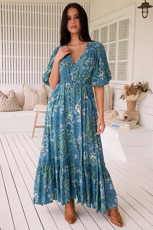 Jaase - Molli Maxi Dress: Button Down A-Line Dress With Tied Sleeves In Serenade Print