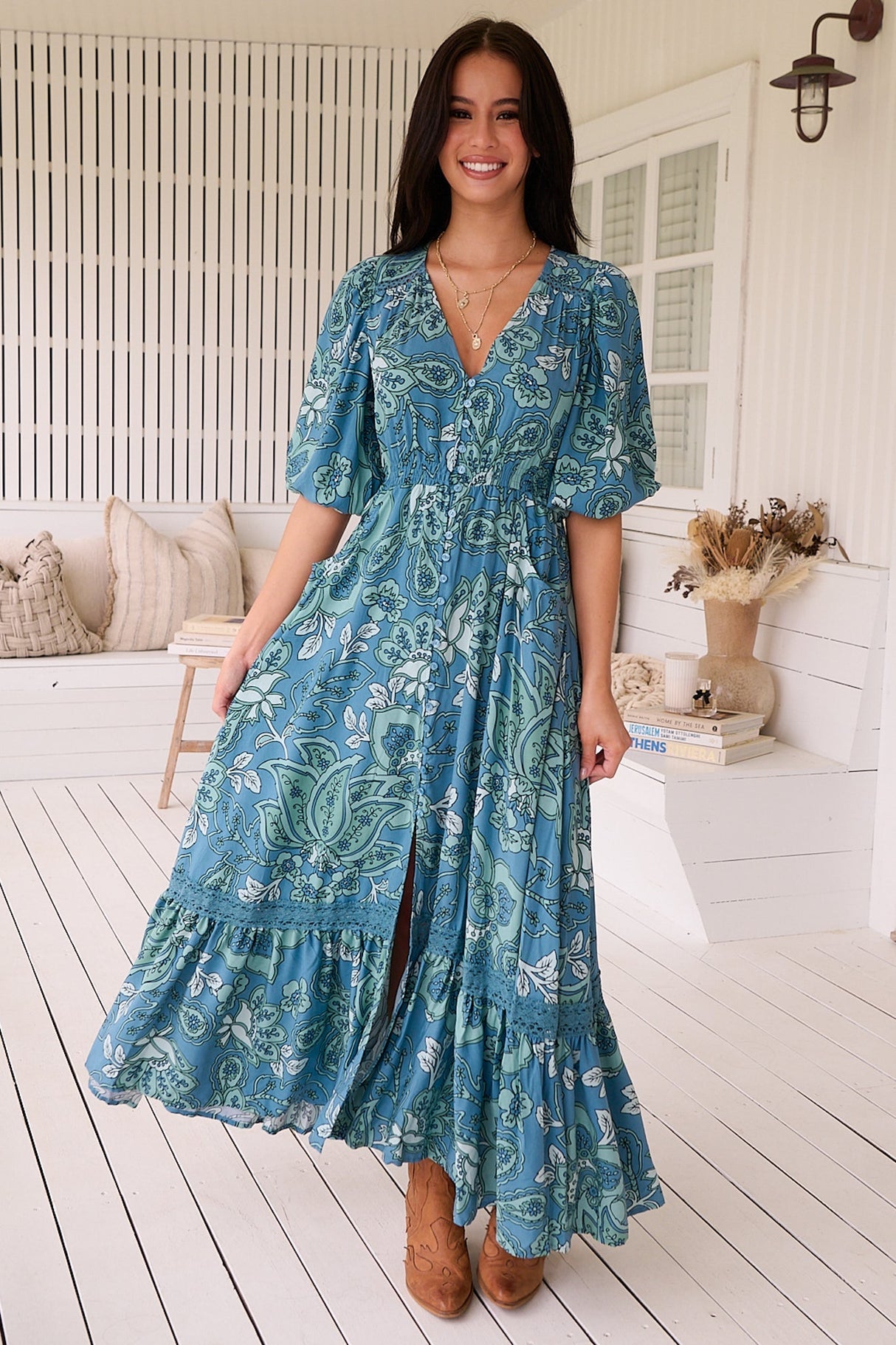 Jaase - Molli Maxi Dress: Button Down A-Line Dress With Tied Sleeves In Serenade Print