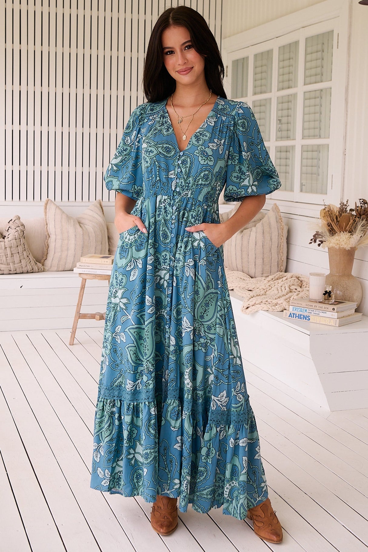 Jaase - Molli Maxi Dress: Button Down A-Line Dress With Tied Sleeves In Serenade Print