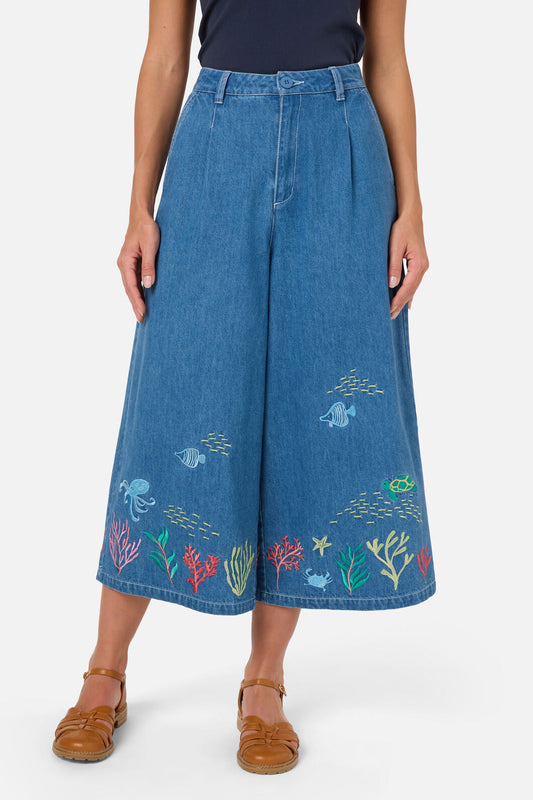 Sea Embroidered Denim Culotte