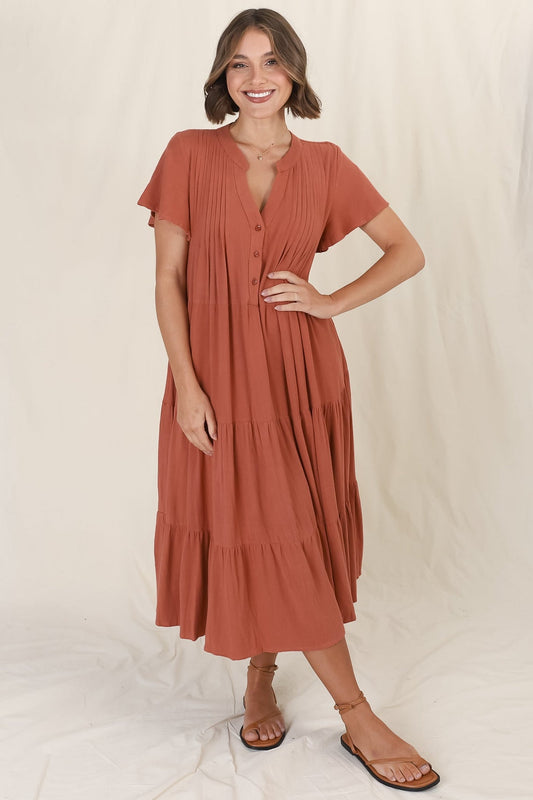 Peggy Midi Dress - Relaxed Mandarin Collar Pleated Bust Tiered Linen Dress In Rust