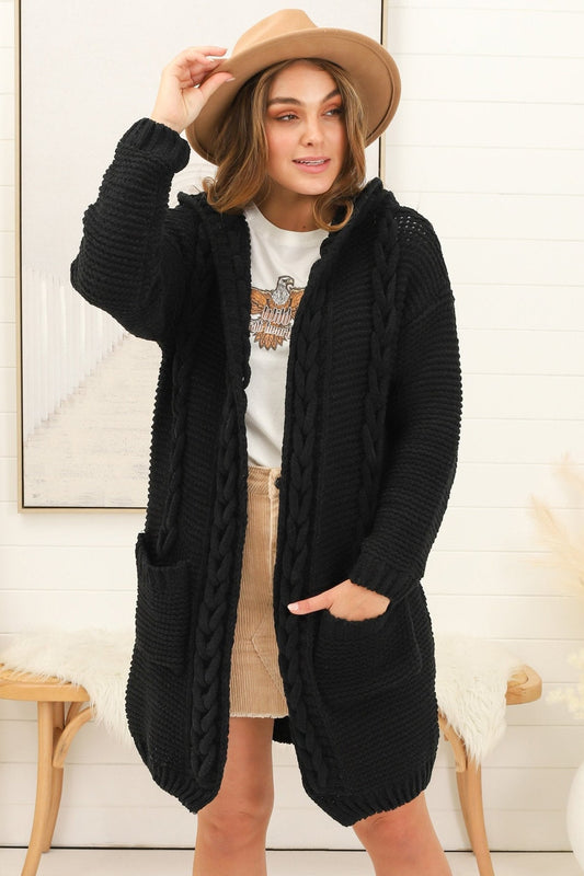 Toolara Cardigan - Thick Cable Knit Hooded Cardigan With Pocket In Black