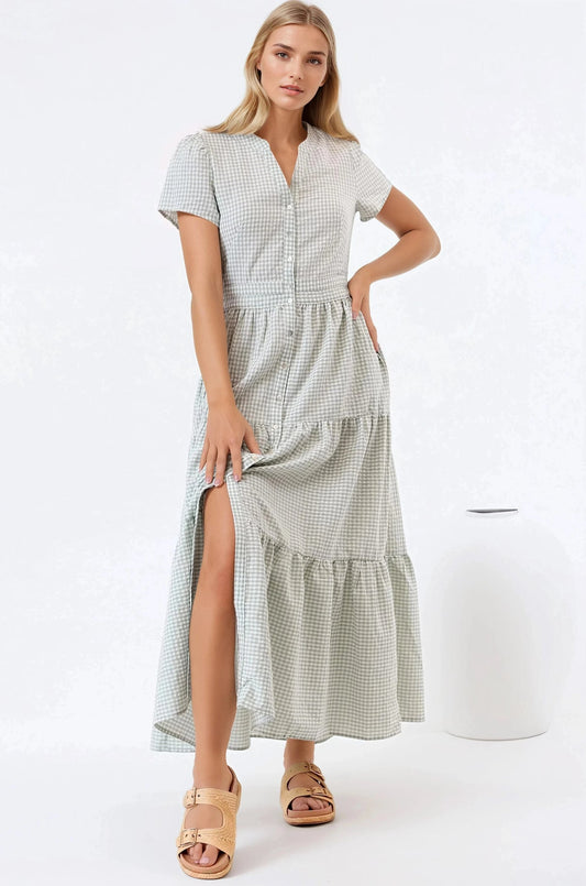 Riba Midi Dress - Button Down Tiered Dress With Cut Out Back In Gingham Print Green