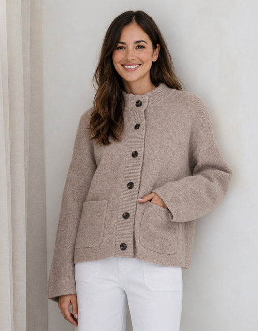 Romy Wool Blend Funnel Neck Cardigan - Warm Beige