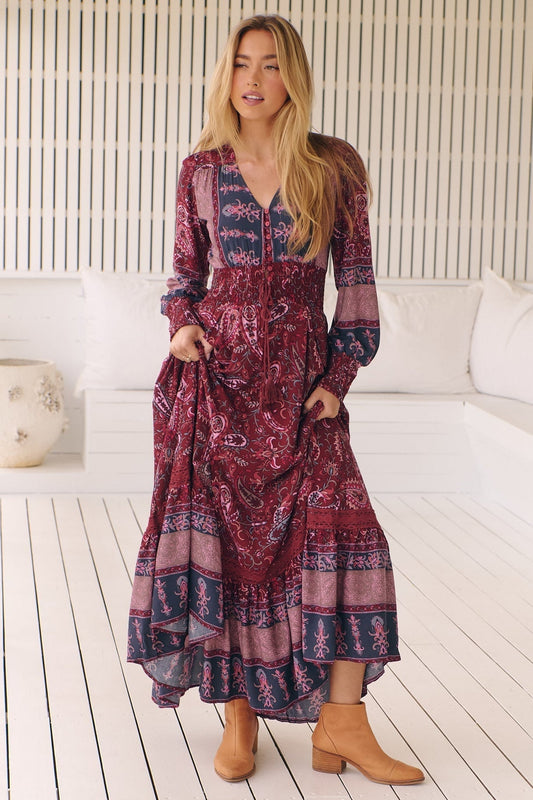 Jaase - Sabrina Maxi Dress: A Line Button Through Dress With Long Sleeves In Sadie Print
