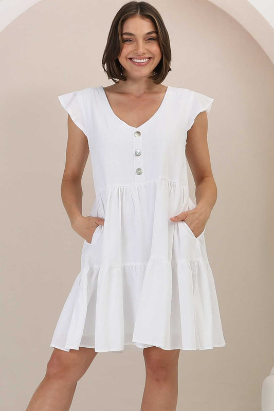 Sharie Mini Dress - Sweet Tiered Cap Sleeve Dress With Pockets In White