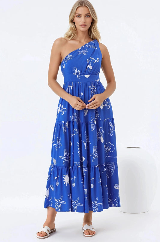 Solara Midi Dress - One Shoulder A-Line Midi Dress In Umiko Print