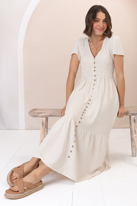 Stephan Midi Dress - Cap Sleeve Tortoiseshell Button-Down Tiered Dress In Cream