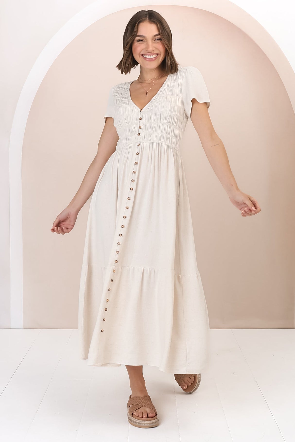 Stephan Midi Dress - Cap Sleeve Tortoiseshell Button-Down Tiered Dress In Cream