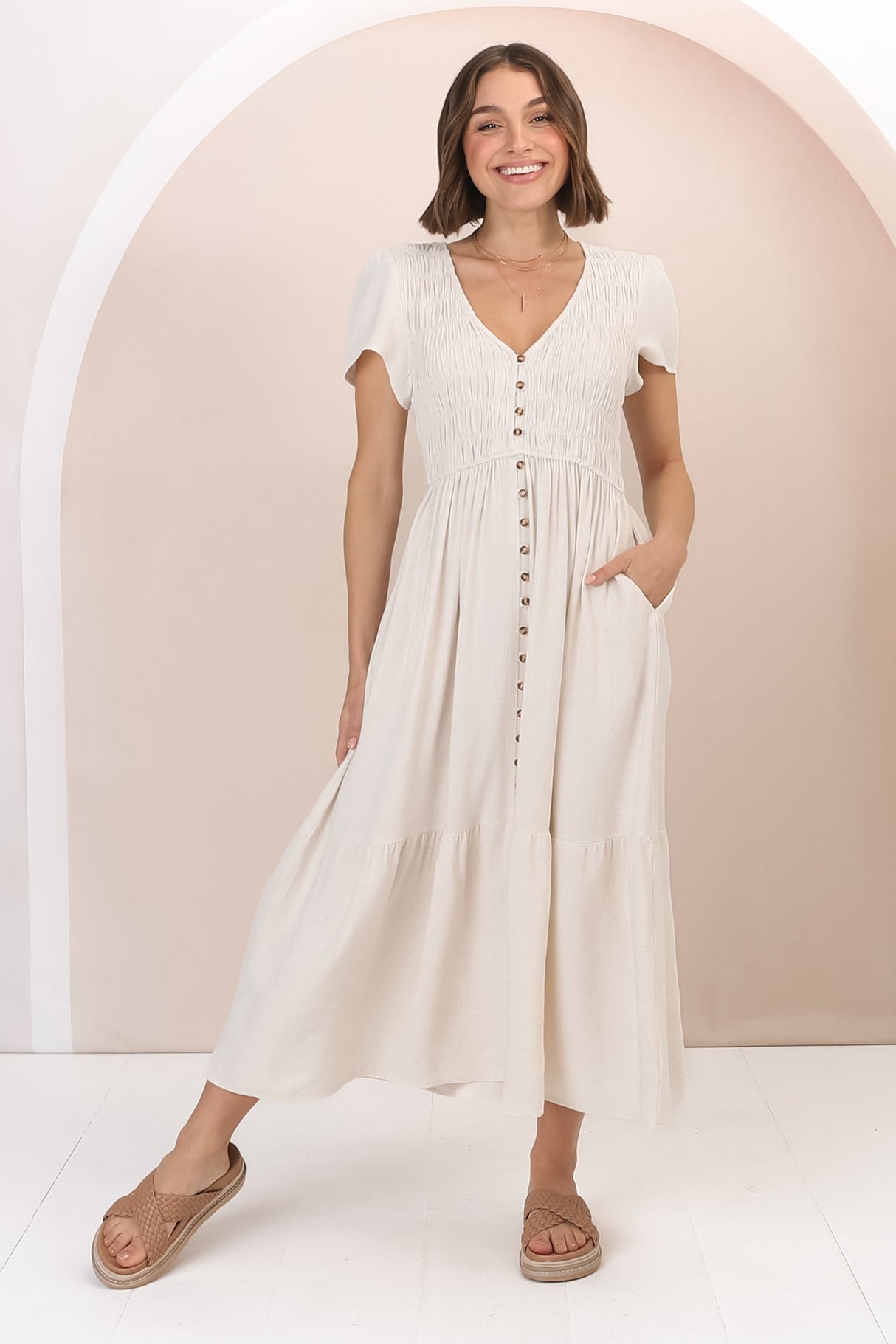 Stephan Midi Dress - Cap Sleeve Tortoiseshell Button-Down Tiered Dress In Cream